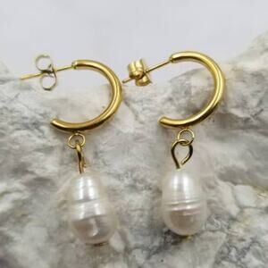 Dangle Baroque Freshwater Pearl Charm Hoop Earrings